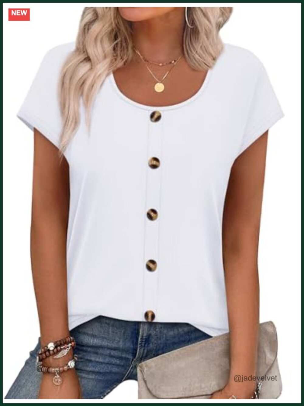 Women's Summer Cap Sleeve T-Shirt U-Neck Decorative Button Blouse Stylish Top